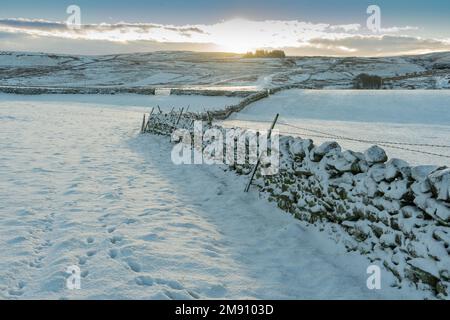 Die Sonne geht über Feldern in Northumberland, Großbritannien, auf Stockfoto