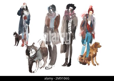 Menschen in Straßenkleidung mit Hunden. Stockfoto