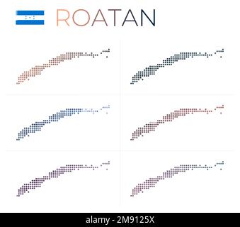 Roatan hat eine gepunktete Karte. Karte von Roatan im gepunkteten Stil. Die Inselgrenzen sind mit wunderschönen, glatten Gradientenkreisen gefüllt. Künstlerische Vektorillustratio Stock Vektor