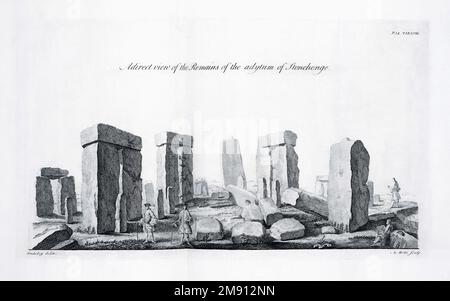 Stonehenge, Wiltshire, England. Das prähistorische Denkmal aus der Bronzezeit stammt aus der Zeit um 3000 bis 2000 v. Chr. Nach einer Gravur aus dem 18. Jahrhundert von Andrew Motte nach einem Werk von William Stukeley. Stockfoto