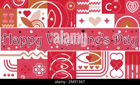 Horizontales Bannerdesign zum Valentinstag am 14. Februar. Alles gute zum Valentinstag 2023 mit geometrischen Formen. Stock Vektor