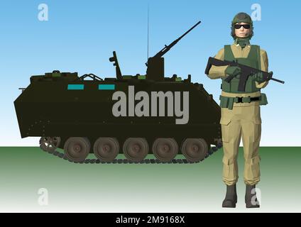 Militärfahrzeuge, Waffen und Soldat in Armeeuniform Set Vector Illustration Stock Vektor