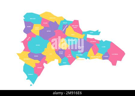 Dominikanische Republik - politische Karte der Verwaltungseinheiten - Provinzen und Nationalbezirke. Farbenfrohe Vektorkarte mit Beschriftungen. Stock Vektor