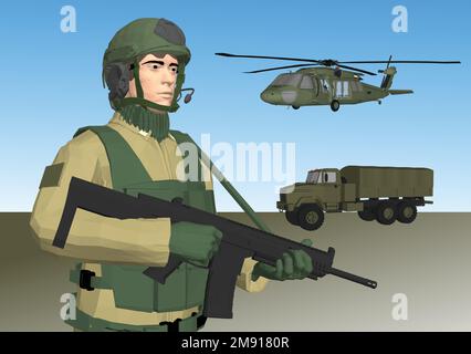 Militärfahrzeuge, Waffen und Soldat in Armeeuniform Set Vector Illustration Stock Vektor