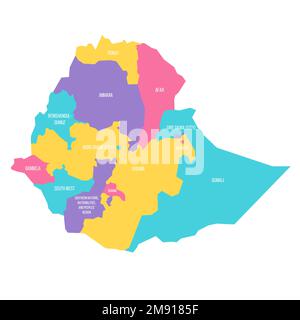 Äthiopien: Politische Karte der Verwaltungsabteilungen - Regionen und Charterstädte. Farbenfrohe Vektorkarte mit Beschriftungen. Stock Vektor