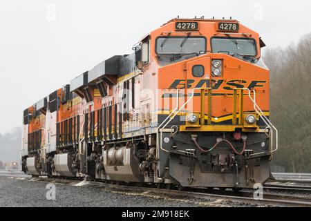 Seattle, WA, USA - 15. Januar 2023; BNSF-Güterlokomotive steht an feuchten Tagen im Regen Stockfoto