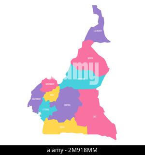 Kamerun politische Karte der Verwaltungsabteilungen - Regionen. Farbenfrohe Vektorkarte mit Beschriftungen. Stock Vektor