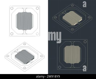 Stilisierte Vektordarstellungen von Blaupausen der Basis des CPU-Wasserkühlblocks mit Mikrokanälen Stock Vektor
