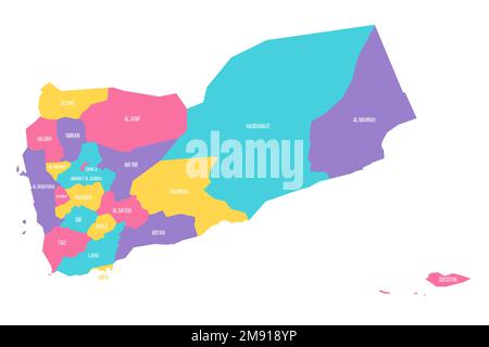 Politische Karte der Verwaltungseinheiten im Jemen - Gouverneure und Gemeinde Sanaa. Farbenfrohe Vektorkarte mit Beschriftungen. Stock Vektor