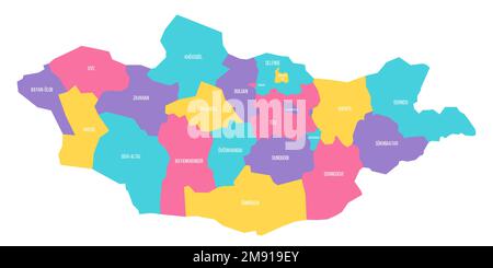 Politische Karte der Mongolei der Verwaltungsabteilungen - Provinzen und khot Ulaanbaatar. Farbenfrohe Vektorkarte mit Beschriftungen. Stock Vektor