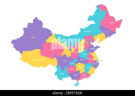 Politische Karte der Verwaltungseinheiten Chinas - Provinzen, autonome Regionen und Gemeinden. Farbenfrohe Vektorkarte mit Beschriftungen. Stock Vektor