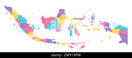 Politische Karte Indonesiens der Verwaltungsabteilungen - Provinzen und Sonderregionen. Farbenfrohe Vektorkarte mit Beschriftungen. Stock Vektor