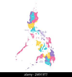 Philippinische politische Karte der Verwaltungsabteilungen - Regionen. Farbenfrohe Vektorkarte mit Beschriftungen. Stock Vektor
