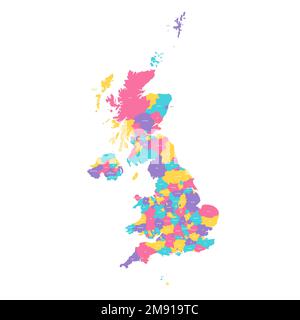 Politische Karte des Vereinigten Königreichs Großbritannien und Nordirland mit Verwaltungsbezirken - Grafschaften, einheitliche Behörden und Greater London in England, Bezirke Nordirlands, ratsbezirke Schottlands und Bezirke, Bezirke und Städte in Wales. Farbenfrohe Vektorkarte mit Beschriftungen. Stock Vektor