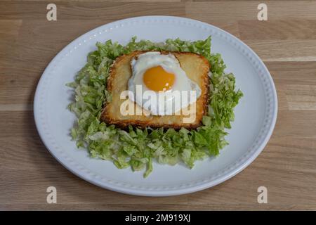 Bistro Dishe kulinarisches Stillleben. Croque Madame mit Salat, Tomaten-Beilagen-Zwiebeln, pommes frites und Brot Stockfoto