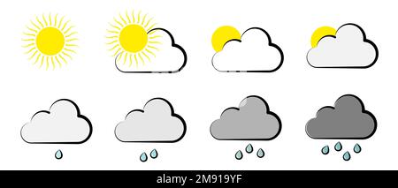 Wetter- und Meteorologie-Symbolset. Sonne, Wolken, Regensymbol isoliert. Abbildung eines flachen Vektors Stock Vektor