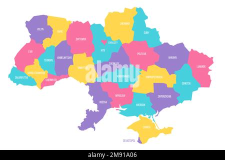 Politische Karte der ukrainischen Verwaltungseinheiten - Regionen, zwei Städte mit Sonderstatus Kiew und Sewastopol und autonome republik Krim. Farbenfrohe Vektorkarte mit Beschriftungen. Stock Vektor