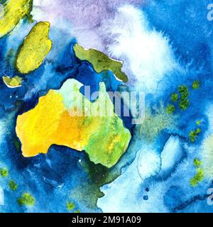 Aquarell handgezeichnete Karte von Australien. Aquarelldarstellung. Stockfoto