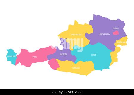 Osterreichische politische Karte der Verwaltungsabteilungen - Bundesländer. Farbenfrohe Vektorkarte mit Beschriftungen. Stock Vektor