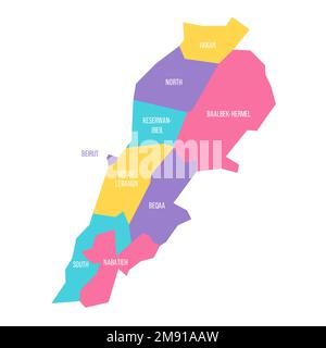Libanesische politische Karte der Verwaltungseinheiten - Gouverneure. Farbenfrohe Vektorkarte mit Beschriftungen. Stock Vektor