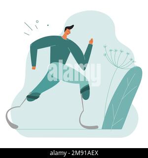 Vektordarstellung sportet Geburtsanomalie des Mannes und hat bionisches Bein, Titanfuß, Implantat oder Prothese. Stock Vektor