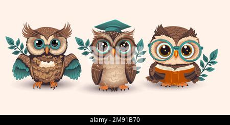 Süße Cartoon-Eule in Brille und Abschlussmütze Set mit einem Buch, schlaue Schüler-Kinder-Vektorsammlung, Lehrer-Schüler-Vogel lustiges Tier. Stock Vektor