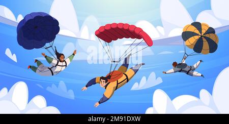 Fallschirmspringer am Himmel. Cartoon-Flach-Stil, der Skydiver-Figuren zeichnet, Leute fliegen, freier Fall, Sport in extremer Gefahr, Team-Flugzeug springen, Mann und Stock Vektor