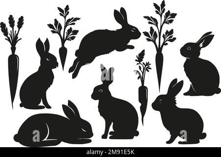 Silhouetten-Set mit Kaninchen- und Karottenmotiv, Ostervektor-Tierohr in schwarzer Form mit Frühlingsgrafiken Stock Vektor