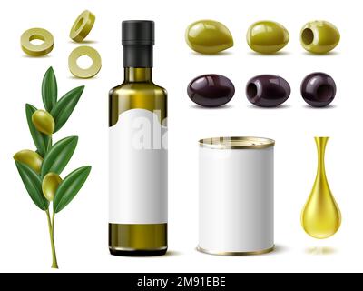 Realistische Olivenerzeugnisse. Eingelegte Oliven in weißer Dose, Ölglasflasche, unbeschriftetes Etikett, Tropfen, landwirtschaftliche Lebensmittel, mediterranes Gemüse aus verschiedenen Blickwinkeln Stock Vektor