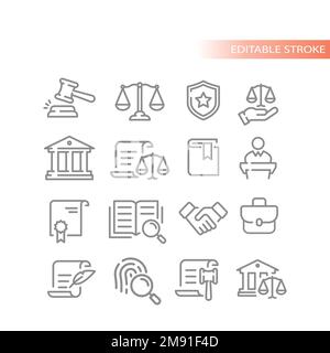 Symbolsatz für Vektorlinien für Recht, Recht und Justiz. Gerichtsgebäude, Gericht, Waagen umrissen Symbole. Stock Vektor