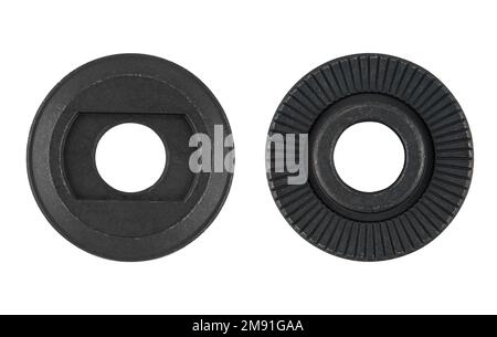 Metallmutter, Unterlegscheibe, Ersatzteil für Ausrüstung, auf weißem Hintergrund Stockfoto