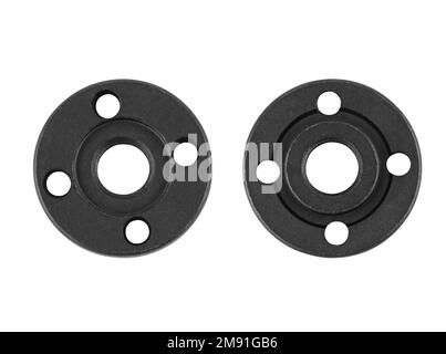 Metallmutter, Unterlegscheibe, Ersatzteil für Ausrüstung, auf weißem Hintergrund Stockfoto