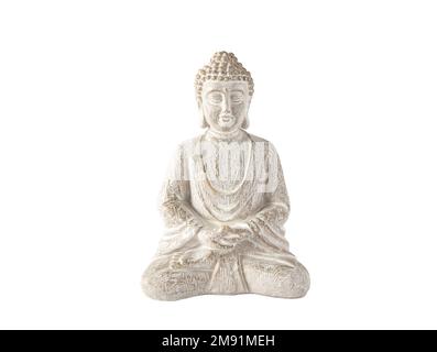 Aus nächster Nähe sehen Sie weiße, meditierende Buddha-Figuren, die meditieren Dhyana mudra Geste, auch bekannt als Samadhi mudra. Stockfoto