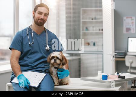 Junger erfolgreicher Tierarzt in blauer Uniform und Handschuhe halten niedlichen yorkshire Terrier und Dokument, während sie im Büro auf dem medizinischen Tisch sitzen Stockfoto