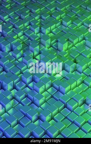 Blaue und grüne viereckige Prismen. Isometrischer abstrakter Hintergrund. 3D Abbildung. Stockfoto