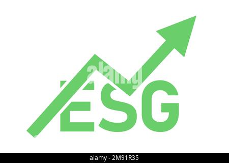 ESG und sozial verantwortliche Investitionen. Finanzielle Investitionen sowie soziale und ökologische Verantwortung. Text und Pfeil zeigen Gewinn, Wachstum und Risiko an Stockfoto