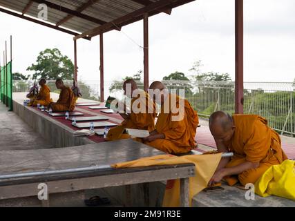 Phuket, Thailand. 30. November 2022. Großer Buddha-Tempel in Phuket. Betende Mönche im Tempelgarten. Stockfoto