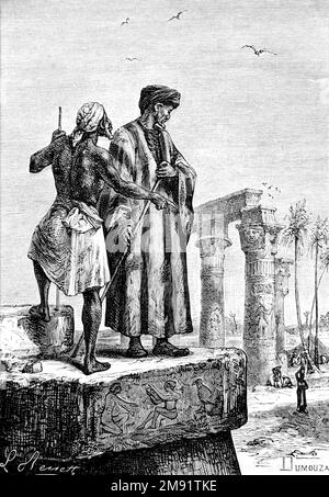 Ibn Battuta (rechts). Illustration des Berber Maghrebi-Gelehrten und Entdeckers Abu Abdullah Muhammad ibn Battutah (1304-1368/1369), graviert von Léon Benett aus einem Aufsatz von Jules Verne mit dem Titel "Découverte de la terre" ("Entdeckung der Erde"), 1878 Stockfoto