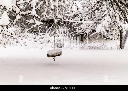 Ein Holzpuck, bedeckt mit Schnee, der an einem Ast hängt Stockfoto