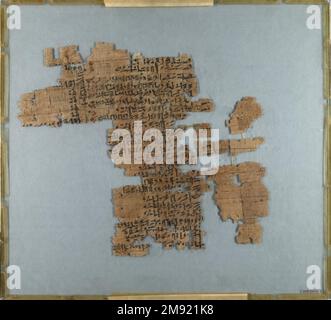 Teil eines historischen Textes Teil eines historischen Textes, ca. 1809-1743 B.C.E. Papyrus, Tinte, 35,1446a-e: 11 1/2 x 71 5/8 Zoll (29,2 x 182 cm). Nach der Fertigstellung war das Papyrus, zu dem dieses Fragment gehörte, fast 1,80 m lang. Die Texte sind in einer kursiven Form von Hieroglyphen geschrieben, die Hieratisch genannt werden. Unterschiede in der Handschrift und in den beschriebenen historischen Ereignissen zeigen, dass verschiedene Schriftzeichen über mehrere Generationen hinweg neue Inschriften hinzugefügt haben. Der wichtigste Text beschreibt die Bemühungen einer dreizehnten Dynastie Theban-Adelsfrau namens Senebtisi, die rechtmäßige Eigentümerschaft von neunzig... Stockfoto