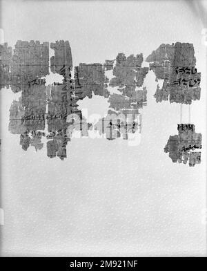 Teil eines historischen Textes Teil eines historischen Textes, ca. 1809-1743 B.C.E. Papyrus, Tinte, 35,1446a-e: 11 1/2 x 71 5/8 Zoll (29,2 x 182 cm). Nach der Fertigstellung war das Papyrus, zu dem dieses Fragment gehörte, fast 1,80 m lang. Die Texte sind in einer kursiven Form von Hieroglyphen geschrieben, die Hieratisch genannt werden. Unterschiede in der Handschrift und in den beschriebenen historischen Ereignissen zeigen, dass verschiedene Schriftzeichen über mehrere Generationen hinweg neue Inschriften hinzugefügt haben. Der wichtigste Text beschreibt die Bemühungen einer dreizehnten Dynastie Theban-Adelsfrau namens Senebtisi, die rechtmäßige Eigentümerschaft von neunzig... Stockfoto