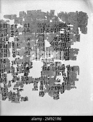 Teil eines historischen Textes Teil eines historischen Textes, ca. 1809-1743 B.C.E. Papyrus, Tinte, 35,1446a-e: 11 1/2 x 71 5/8 Zoll (29,2 x 182 cm). Nach der Fertigstellung war das Papyrus, zu dem dieses Fragment gehörte, fast 1,80 m lang. Die Texte sind in einer kursiven Form von Hieroglyphen geschrieben, die Hieratisch genannt werden. Unterschiede in der Handschrift und in den beschriebenen historischen Ereignissen zeigen, dass verschiedene Schriftzeichen über mehrere Generationen hinweg neue Inschriften hinzugefügt haben. Der wichtigste Text beschreibt die Bemühungen einer dreizehnten Dynastie Theban-Adelsfrau namens Senebtisi, die rechtmäßige Eigentümerschaft von neunzig... Stockfoto