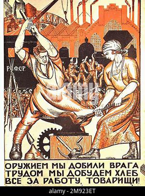 1920- mit harter Arbeit- (übersetzt aus Russisch) - Vintage UdSSR sowjetpropaganda-Poster Stockfoto