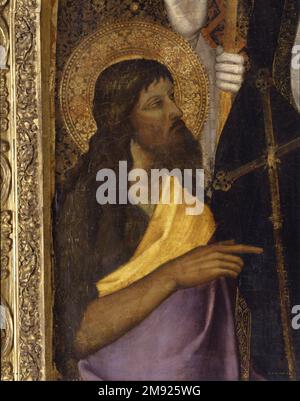 Madonna und Kind fasziniert von den Heiligen Zenobius, Johannes dem Täufer, Reparata und Johannes dem Evangelisten Nardo di Cione (Italienisch, Florentiner, aktiv 1343-1356/1366). Madonna und Kind in Begeisterung mit den Heiligen Zenobius, Johannes dem Täufer, Reparata und Johannes dem Evangelisten, Mitte des 14. Jahrhunderts. Tafel mit Tempera- und Gold-Werkzeug, 77 1/2 x 39 1/2 Zoll (196,9 x 100,3 cm). Im Jahr 1348 tötete die Beulenpest mehr als die Hälfte der Bevölkerung von Florenz und verursachte tiefgreifende soziale, wirtschaftliche und psychische Zerstörung. Nach der Pest malte Nardo di Cione dieses große Altarbild, wahrscheinlich für den Dom, am meisten Stockfoto