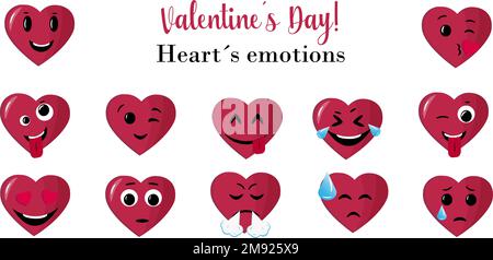 Ein Satz von Symbolen von Herzgefühlen, Herzaufklebern. Valentinstag-Fest-Konzept, Vektordarstellung. Stock Vektor