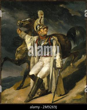 Der verwundete Cuirassier, Studie (Le Cuirassier blessé quittant le feu, esquisse) Théodore Géricault (Französisch, 1791-1829). Der verwundete Cuirassier, Studie (Le Cuirassier blessé quittant le feu, esquisse), 1814. Öl auf Segeltuch, 21 3/4 x 18 1/8 Zoll (55,2 x 46 cm). Hier führt ein Soldat in Kaiser Napoleons Kavallerie sein Pferd bergab und blickt zurück in den dunklen, bedrohlichen Himmel. Die sich wiederholenden Diagonalen der Komposition – die ausgestreckten Beine von Mensch und Pferd, das Schwert und die Neigung des rauen Geländes – verstärken die körperlichen und psychischen Spannungen der Szene. Brooklyns Leinwand ist eine Studie für ein großes Gemälde (jetzt Stockfoto