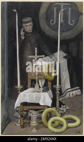 Portrait des Pilgrim (Portrait du pèlerin) James Tissot (Französisch, 1836-1902). Portrait des Pilgrims (Portrait du pèlerin), 1886-1896. Undurchsichtige Aquarelle über Graphit auf grauem gewebtem Papier, Bild: 9 1/16 x 5 5/8 Zoll (23 x 14,3 cm). Tissot schloss die veröffentlichten Bände des Lebens Christi mit diesem beerdigten Selbstporträt und einer Aufforderung an den Leser, für ihn zu beten. Hier steht er unter Artikeln, die mit Riten für die Toten in Verbindung stehen: Tapers, ein drapierter Sarg, Kränze und Weihwasser. Im Hintergrund umgibt ein großer Kranz das charakteristische „JTJ“-Monogramm, mit dem er einige seiner Arbeitsaufträge unterzeichnete Stockfoto