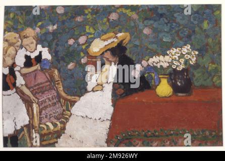 Frau mit drei Mädchen József Rippl-Rónai (Ungarisch, 1861-1927). Frau mit drei Mädchen, ca. 1909. Öl an Bord, 24 1/8 x 36 3/4 Zoll (61,3 x 93,3 cm). Inspiriert von Avantgarde-Techniken, die er während seines Lebens in Paris im letzten Jahrzehnt des 19. Jahrhunderts beobachtete, entwickelte József Rippl-Rónai einen Stil, der die leuchtenden Farben nebeneinander anordnete und die Figuren, Möbel und Muster seiner Wandteppiche-ähnlichen Gemälde in einer einzigen Ebene zusammendrückte. Als er 1901 nach Ungarn zurückkehrte, kombinierte er diese formalen Innovationen mit Elementen, die einen unverwechselbaren, modernen ungarischen Stil widerspiegeln würden. Hier, Bitte Stockfoto