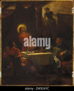 Die Jünger in Emmaus oder die Pilger in Emmaus (Les disciples d'Emmaüs, ou Les pèlerins d'Emmaüs) Eugène Delacroix (Französisch, 1798-1863). Die Jünger in Emmaus oder die Pilger in Emmaus (Les disciples d'Emmaüs, ou Les pèlerins d'Emmaüs), 1853. Öl auf Segeltuch, 21 3/4 x 18 1/2 Zoll (55,2 x 47 cm). Laut der Bibel trafen zwei der Jünger Christi auf der Straße aus Jerusalem unmittelbar nach der Kreuzigung auf einen Fremden. In einem Gasthaus in Emmaus, segnete und brach der Fremde das Brot, eine Tat, die an das letzte Abendmahl erinnerte und ihn zum Erstaunen als den wiederauferstandenen Christus offenbarte Stockfoto