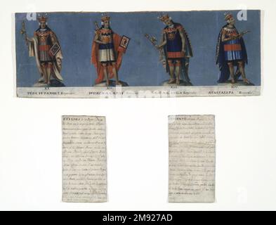 Vier Inka-Könige: Tupac Yupanqui, Huayna Capac, Huascar Inca, Atahuallpa Unbekannt. Vier Inka-Könige: Tupac Yupanqui, Huayna Capac, Huascar Inca, Atahuallpa, Anfang des 19. Jahrhunderts. Öl auf Segeltuch, 7 3/4 x 22 3/4 Zoll (19,7 x 57,8 cm). Dieses Fragment einer Inka-König-Porträtreihe wurde von der Guarachi-Familie in Auftrag gegeben, einer der bekanntesten indigenen Familien von Vikeregal Peru. Die Ausstellung von Gemälden der Inka-Herrscher im Inka wurde in der Vizekönigschaft zwischen 1781 und 1821 verboten, nach einer Reihe einheimischer Revolten. Nach 1824 erlangten die Porträts eine neue Bedeutung für die Zeit nach der Unabhängigkeit Stockfoto